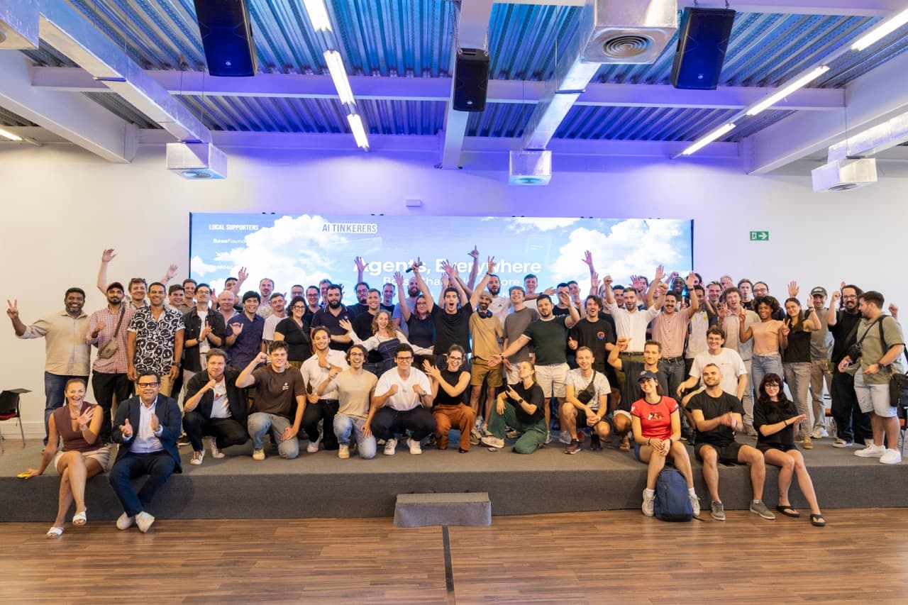 Group photo after the Agents, Everywhere hackathon at Base 2